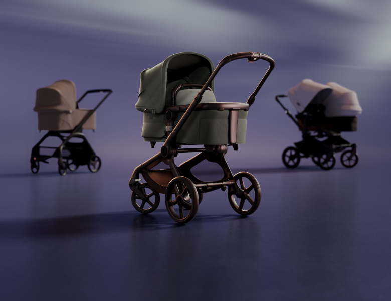 A lineup of 3 newborn strollers. At the front is a Bugaboo Fox 5 with Forest Green fabrics; further back are a Bugaboo Fox 5 with Dune Taupe fabrics and a Bugaboo Donkey 5 Duo with Misty White sun canopy.