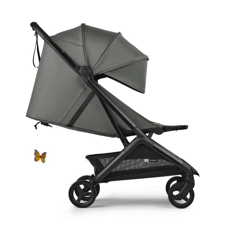 A sequence of five Bugaboo Butterfly 2 Plus strollers in different stages of folding, from fully open to completely folded. Orange butterflies flutter around the strollers.