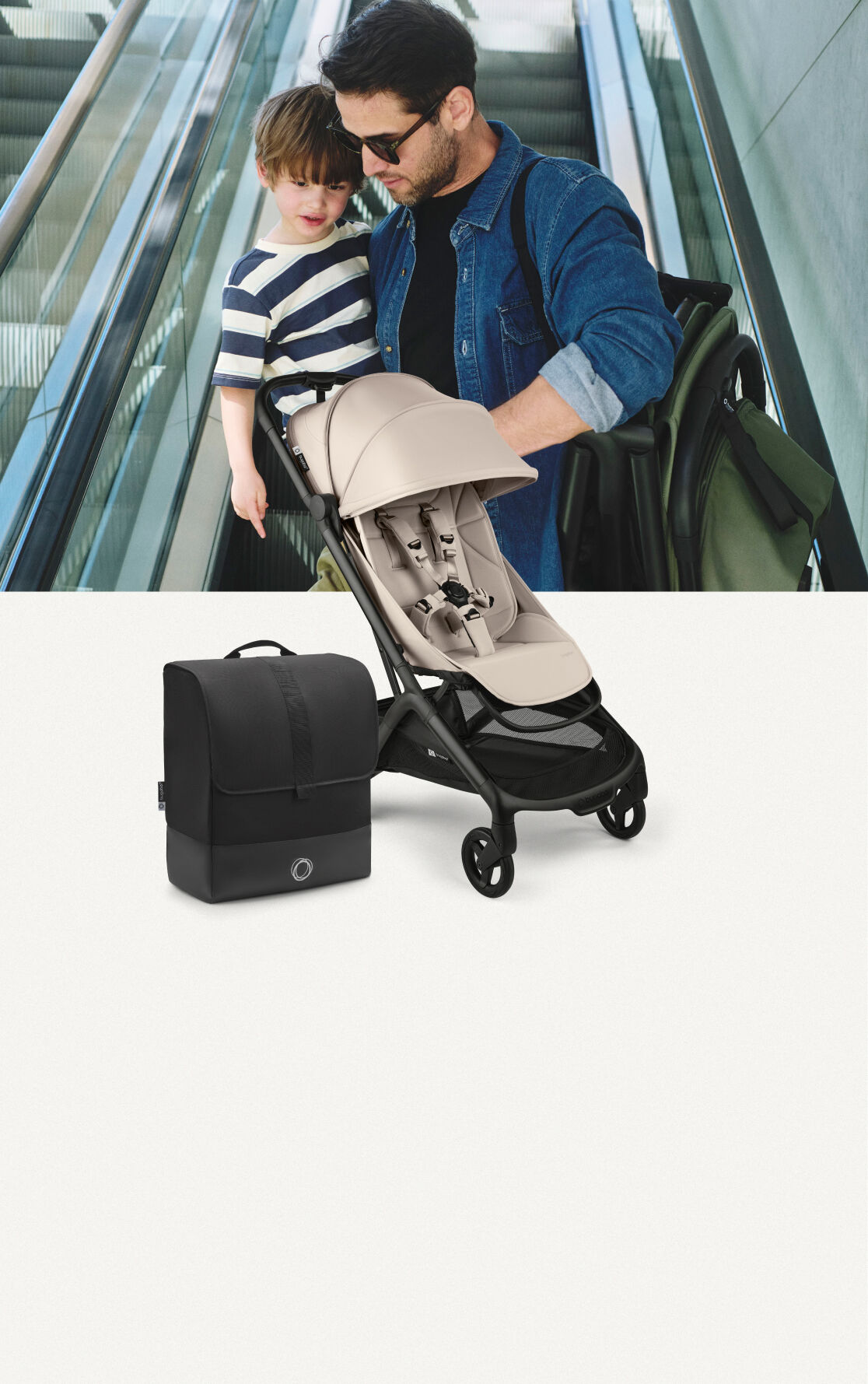 Dad holding baby and Bugaboo Butterfly going down escalator