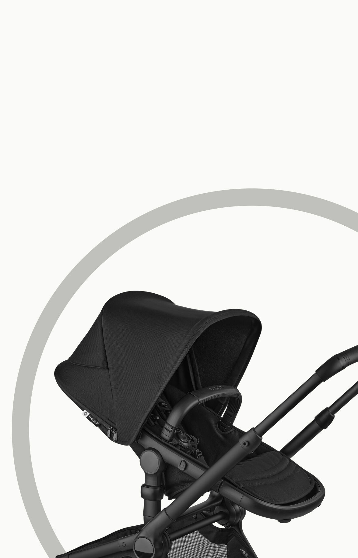 Black Bugaboo Fox 5 Renew stroller with extended canopy and black frame, shown in side view on a light gray background.