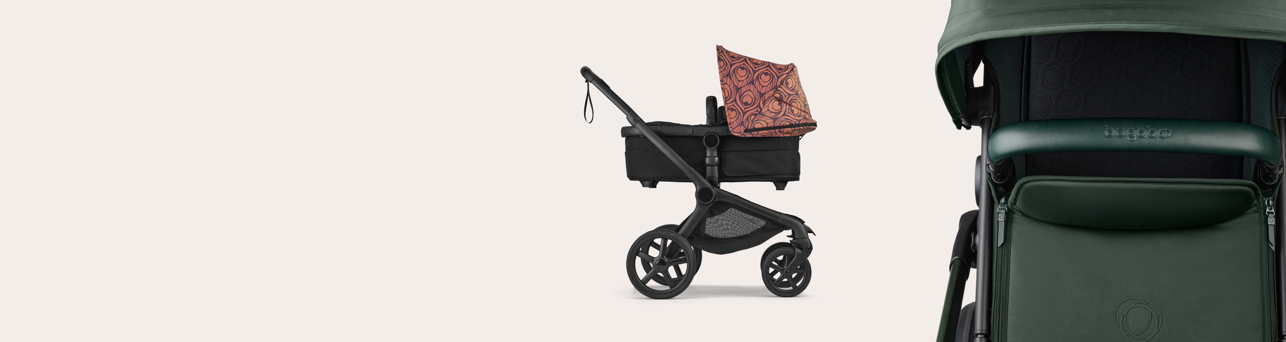 Two product images of two strollers. On the left, a Bugaboo Fox 5 Renew stroller with a black bassinet and a Bugaboo x Artipoppe Limited Edition sun canopy. On the right, a close-up detail of a Forest Green sun canopy and bassinet fabric.