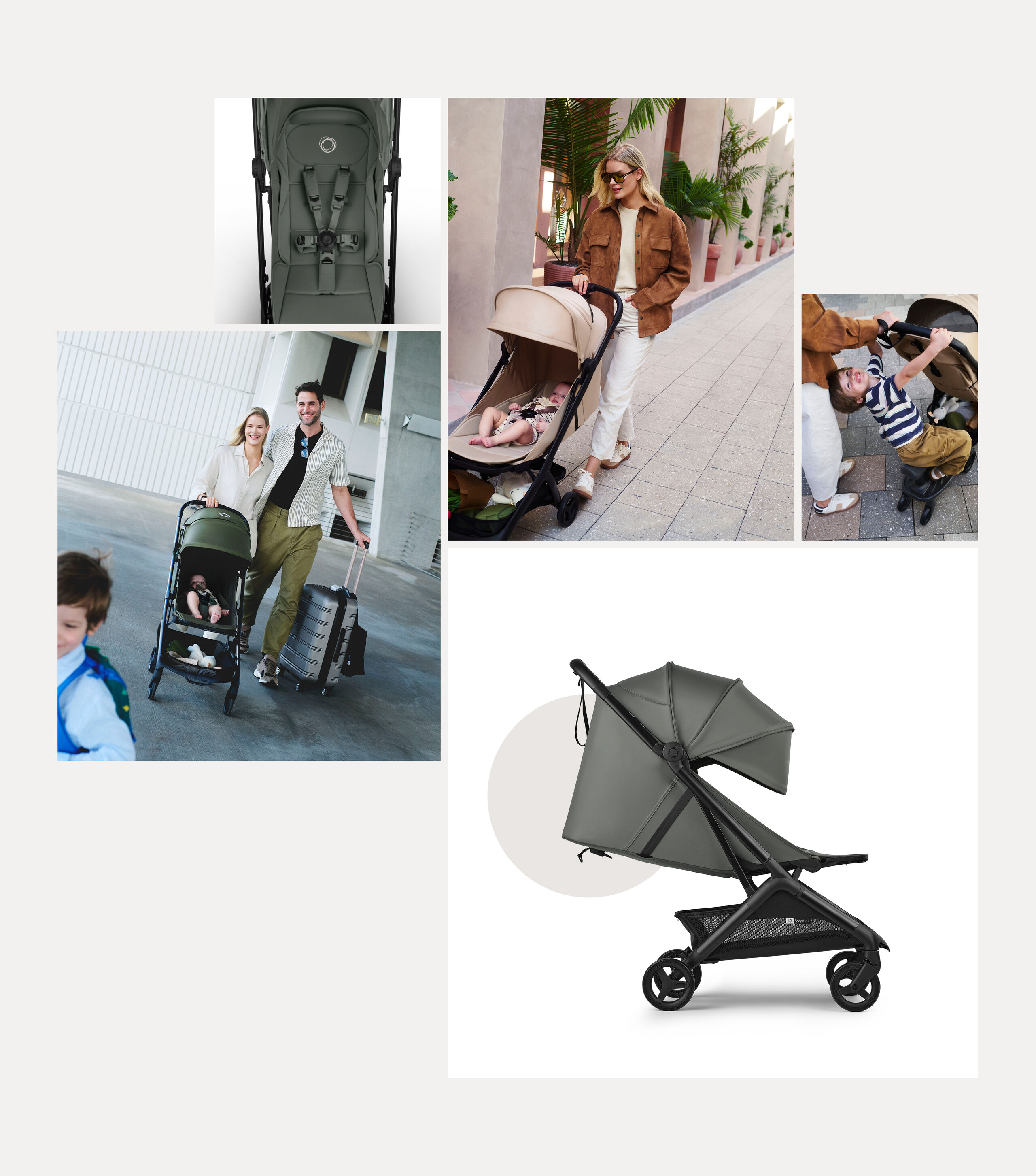 A collage of several photos depicting the Bugaboo Butterfly 2 Plus travel stroller, with a lay-flat seat, with different families as they travel and explore the city.