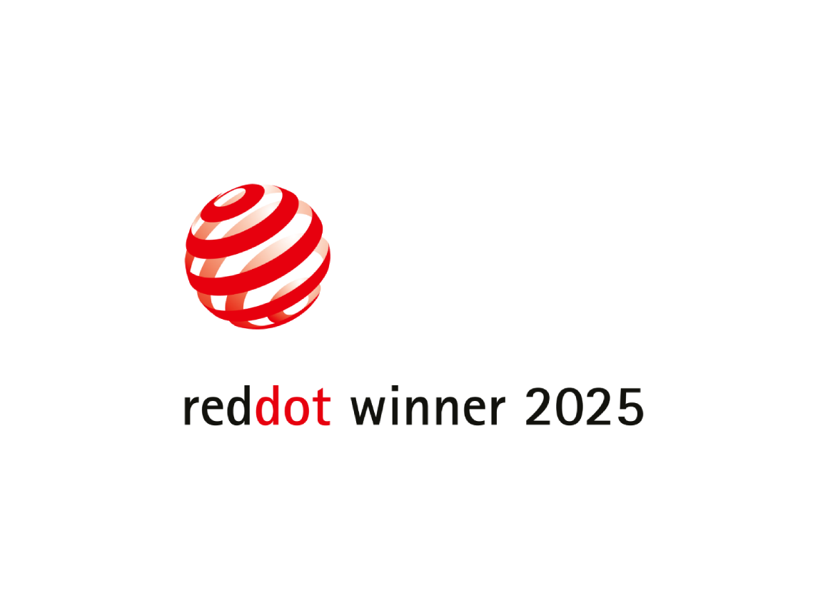 The Red Dot Design Award logo. Text below says: Reddot winner 2025.