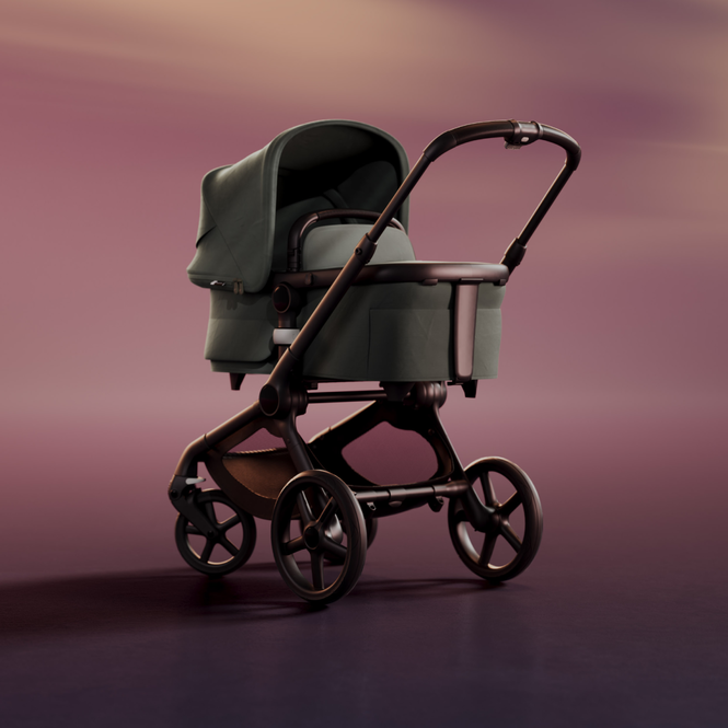 A Bugaboo Fox 5 all-terrain pushchair with a carrycot The fabrics are in Forest Green. The background is reddish with streaks of gold.