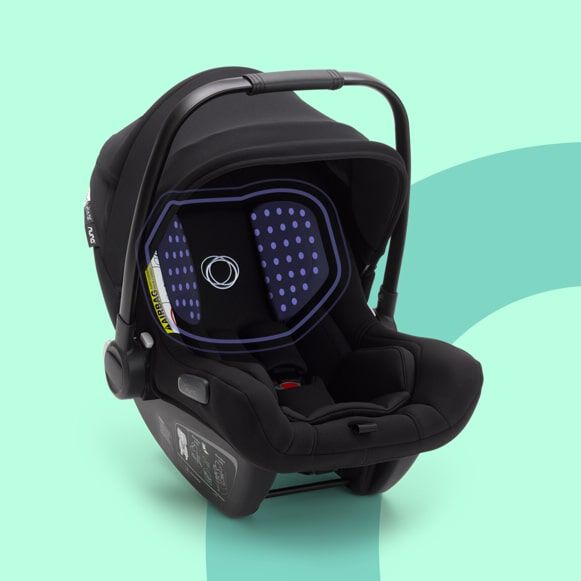 Bugaboo Turtle Air by Nuna car seat with graphics highlighting innovative foam in headrest.