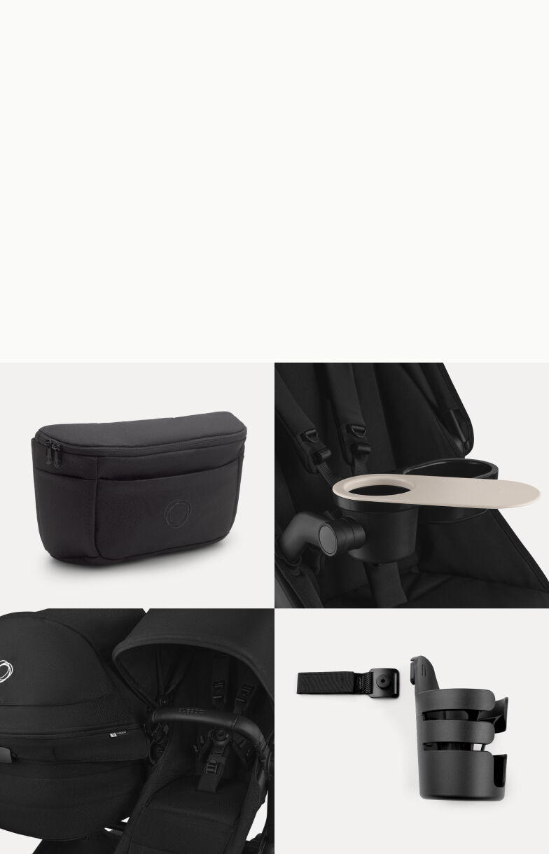 Four squares, one of Bugaboo Donkey 6, one with an organizer, one with a cupholder and one with a tray
