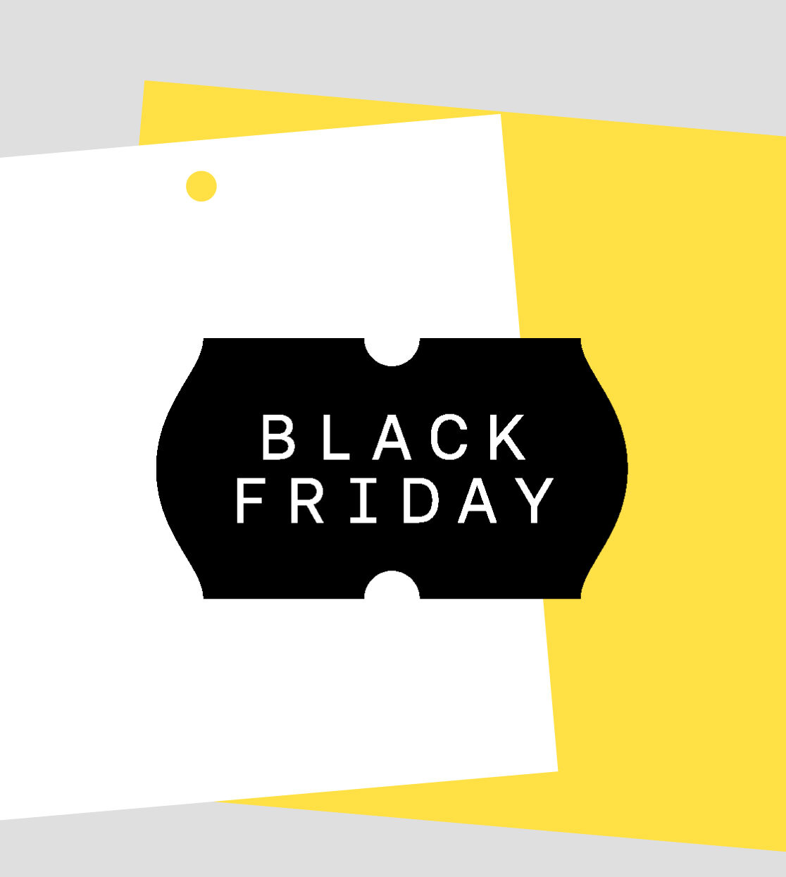A graphic image with a white square and a yellow square. In the middle is a black tag with the words “Black Friday” in white.