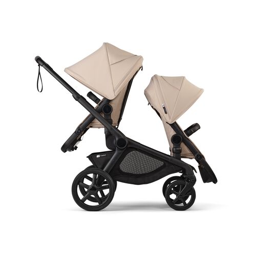 A Bugaboo Kangaroo stroller with two seats in Desert Taupe fabrics.