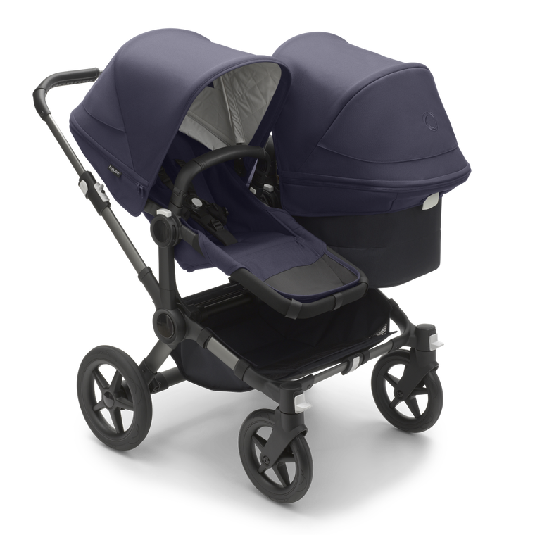 Bugaboo Donkey 5 Duo Kinderwagen mit Liegeaufsatz und Sitz.