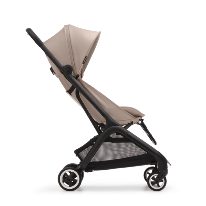 Sideway view of a Bugaboo Butterfly travel stroller with a seat and a Desert Taupe canopy.