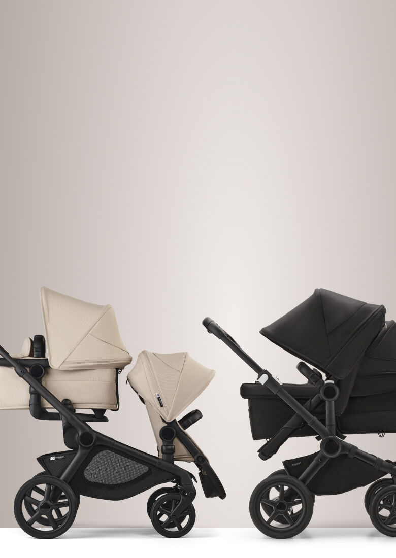 A Bugaboo Donkey 5 Duo pram with a seat and a bassinet. The sun canopy is in Misty White. The background is blue with streaks of white.