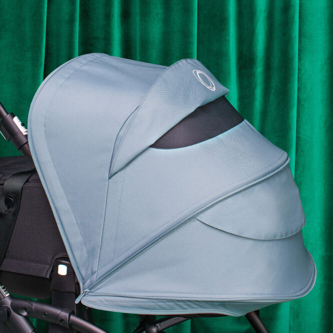 Close up on the Bugaboo Bee 6 blue sun canopy.