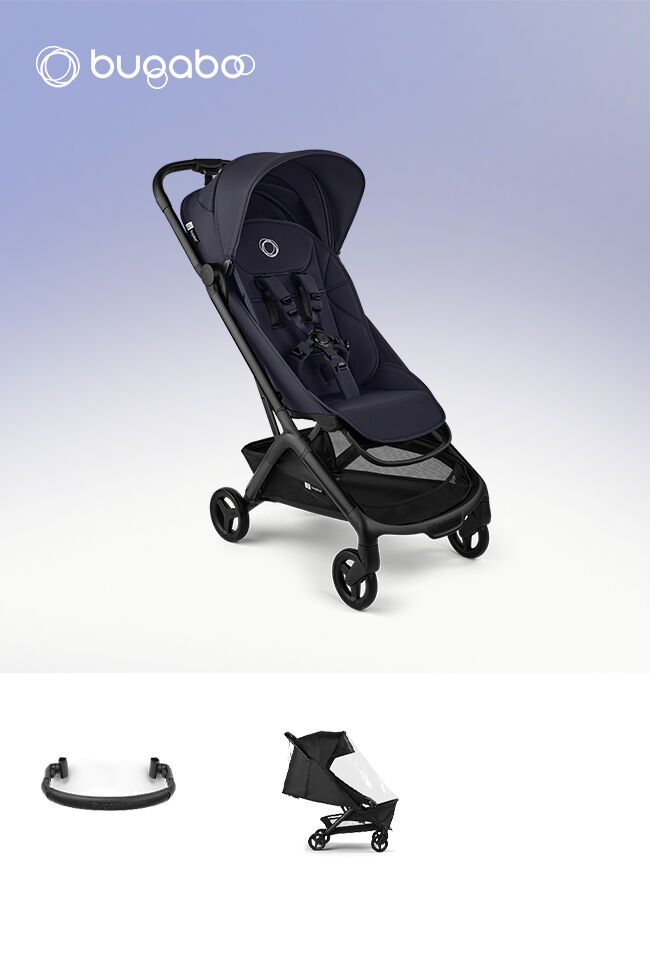 Ein Bugaboo Butterfly 2 ultrakompakter Reisebuggy, abgebildet mit verschiedenen Baby-Accessoires im Bundle.
