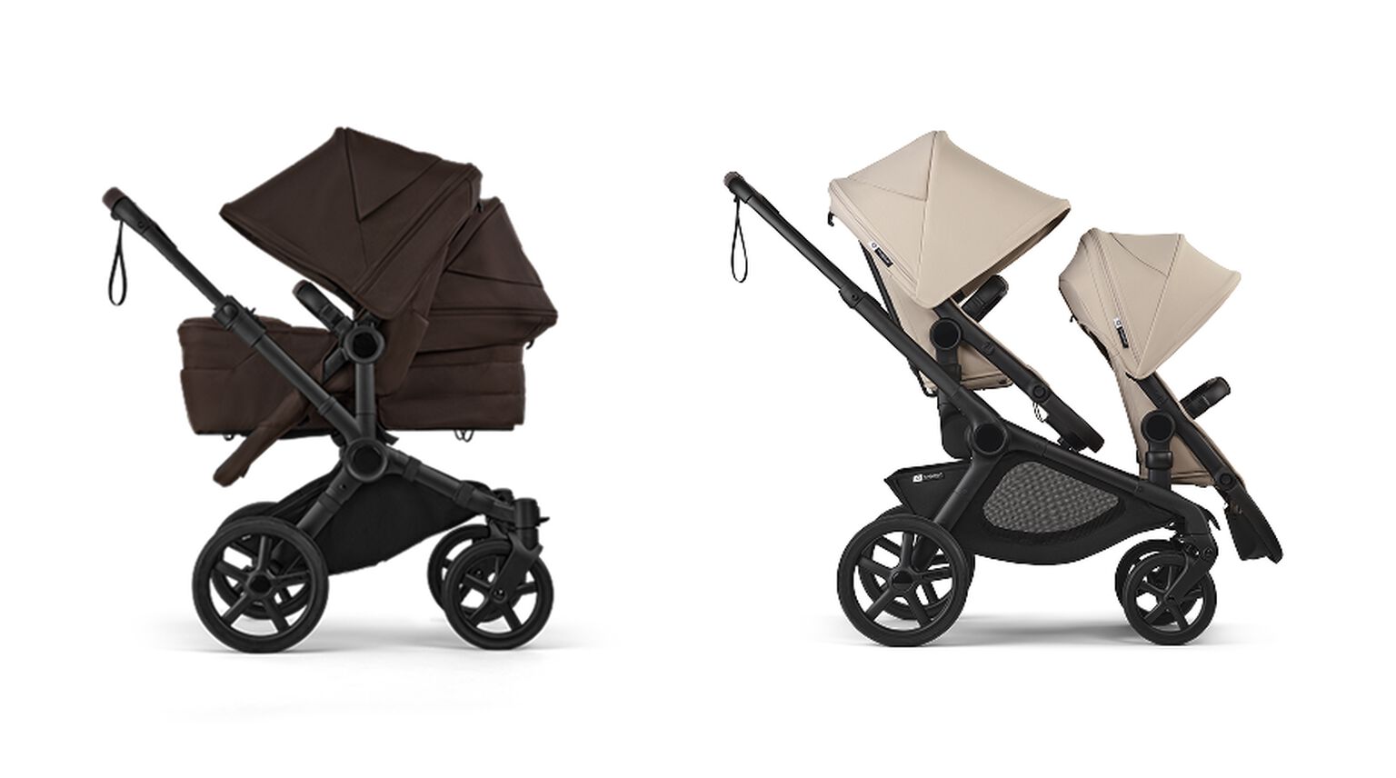 Two strollers in comparison: On the left is the Bugaboo Donkey 5 in black fabrics. On the right is the Bugaboo Kangaroo in Desert Taupe fabrics.