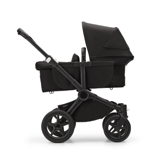 Bugaboo Donkey 5 Mono double pushchair with Midnight Black sun canopy.