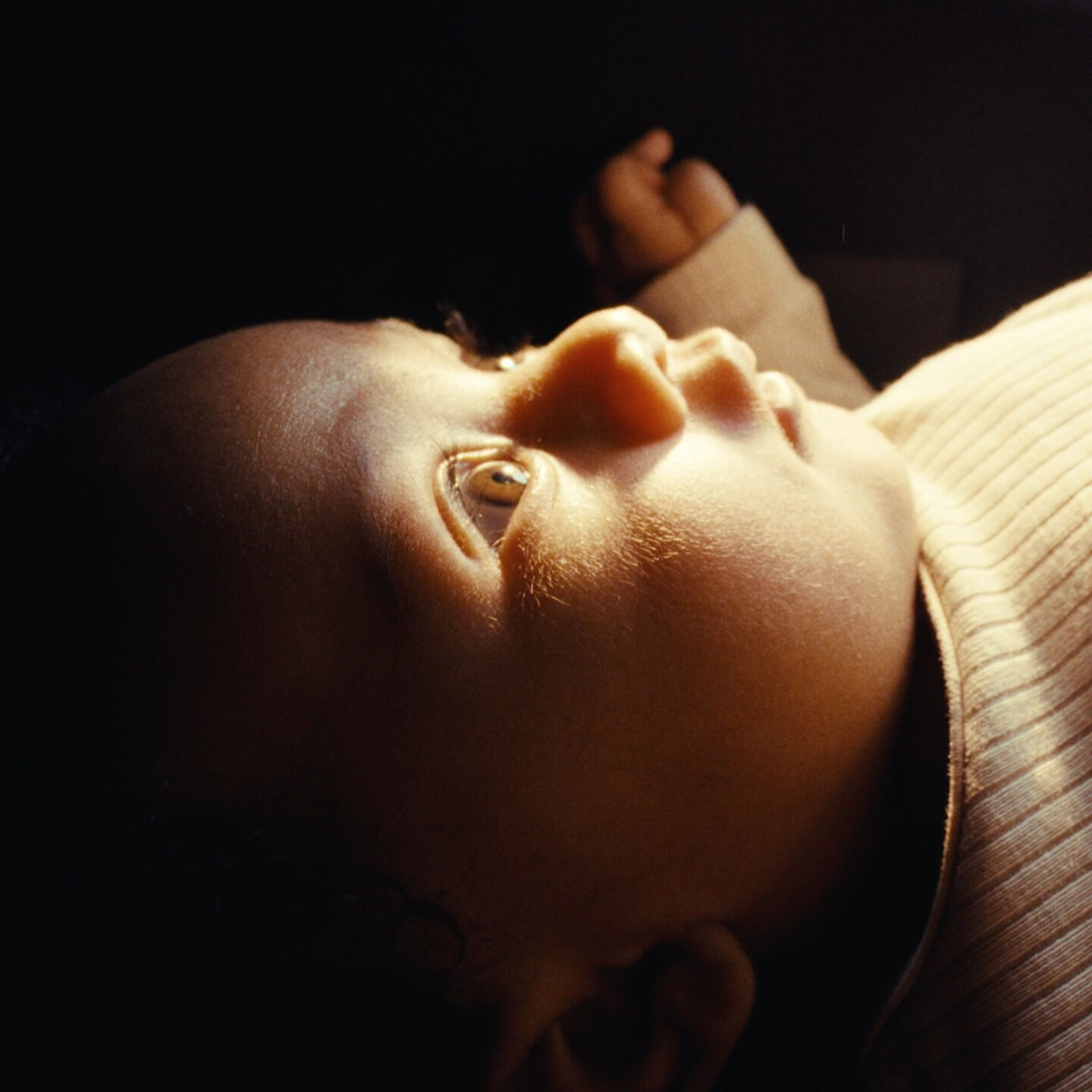 Un bebé con los ojos súper abiertos, cálidamente iluminado por el sol, mira algo curioso encima de él.