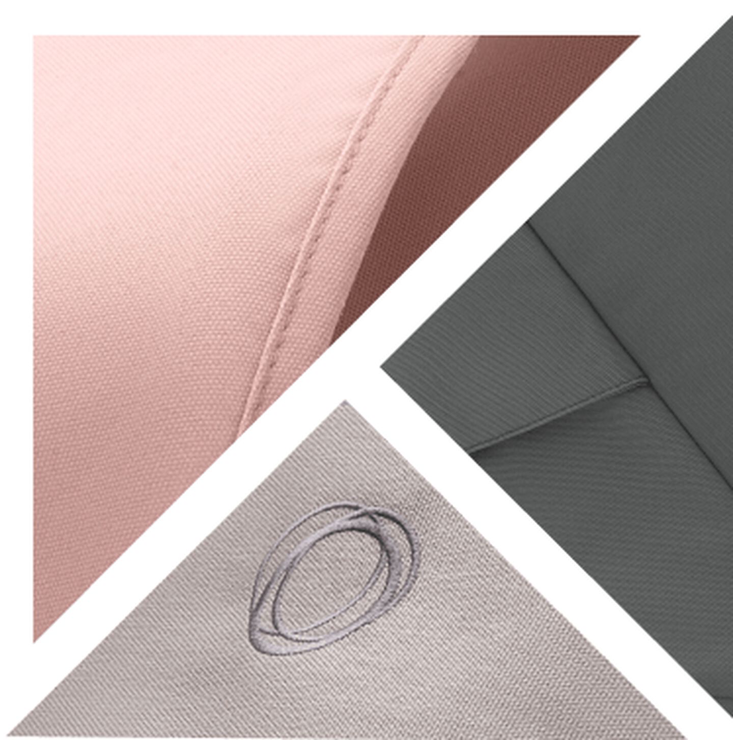 Three types of Fox 3 fabric; one in pink, one in white with the Bugaboo logo, one in black.