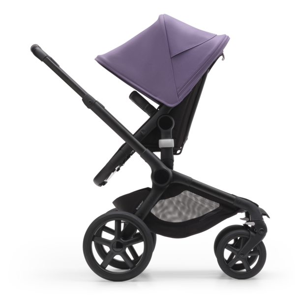 Side view of Bugaboo Fox 5 seat stroller with Astro purple sun canopy.