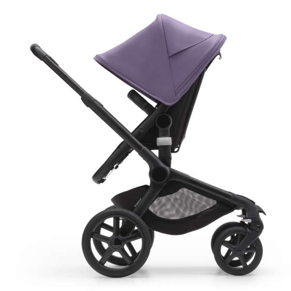 Side view of Bugaboo Fox 5 seat stroller with Astro purple sun canopy.
