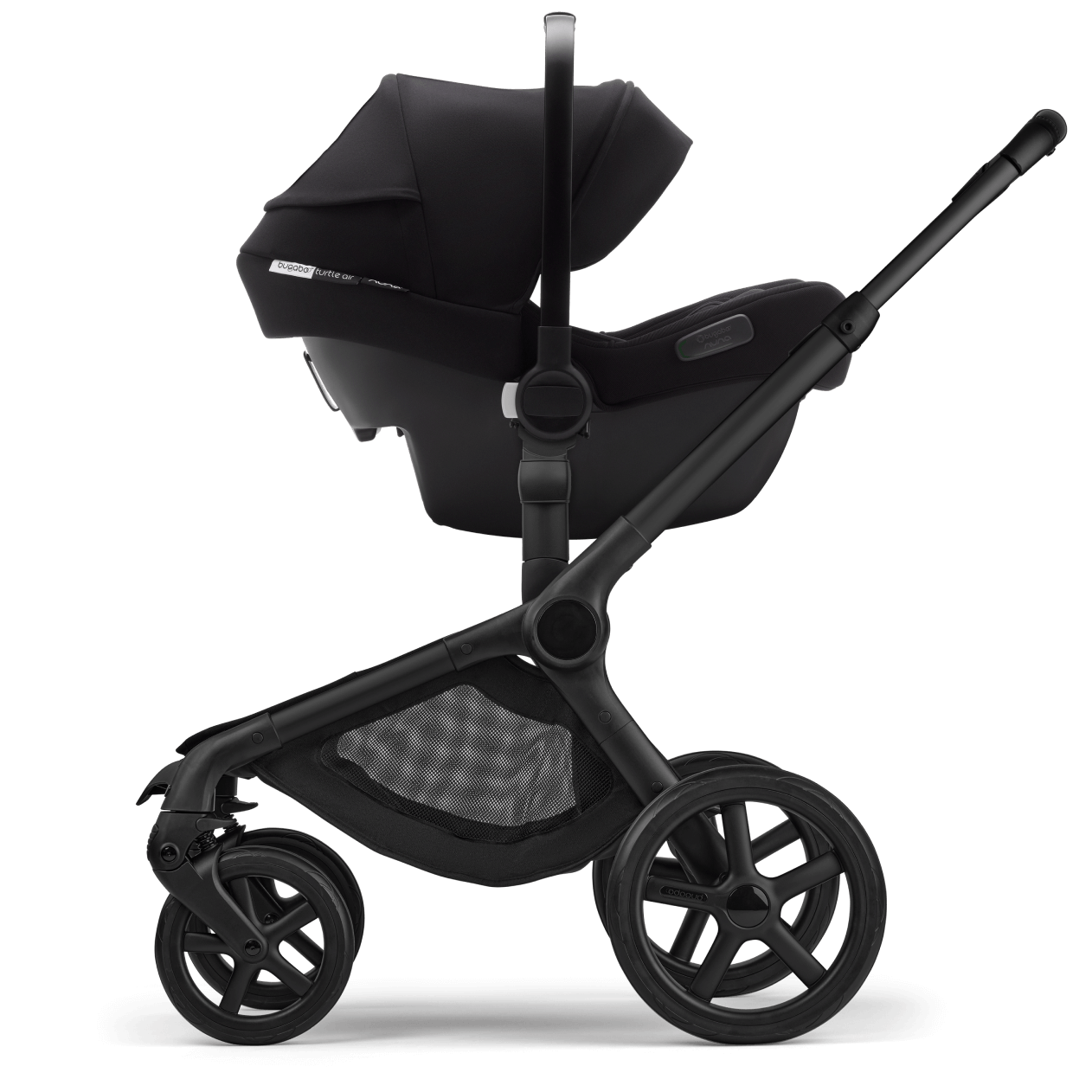A Bugaboo Turtle Air Shield by Nuna car seat installed on a Bugaboo stroller.