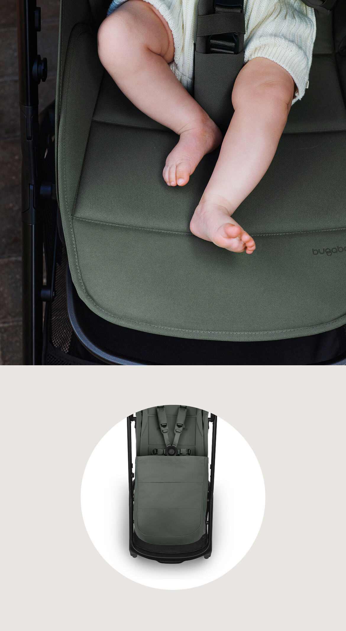A close-up of a baby's bare feet resting on the seat of a Bugaboo Butterfly 2 Plus stroller, with a circular photo on the right showing the full stroller seat from above.