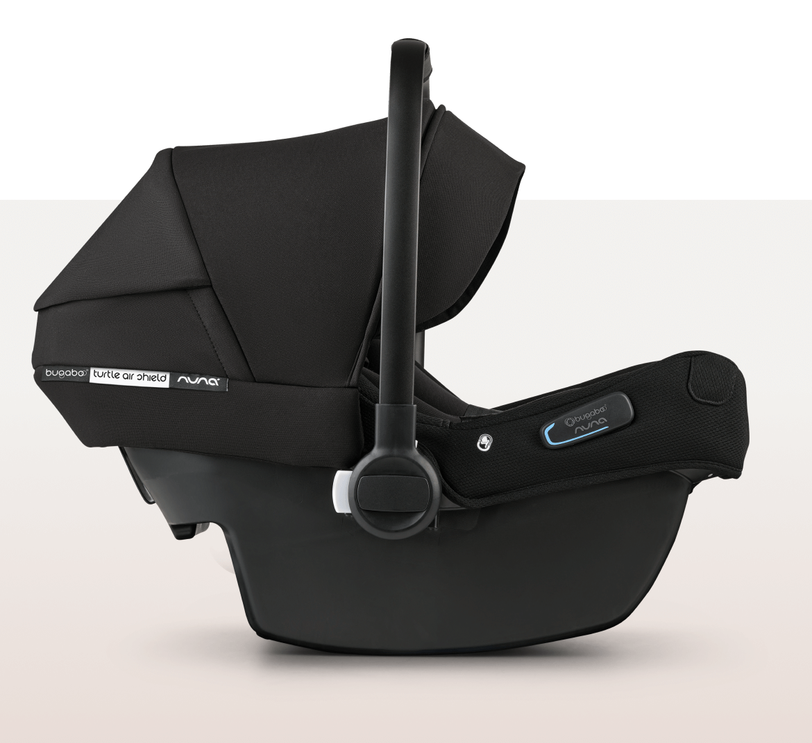 Side view of a Bugaboo Turtle Air Shield by Nuna car seat in black.
