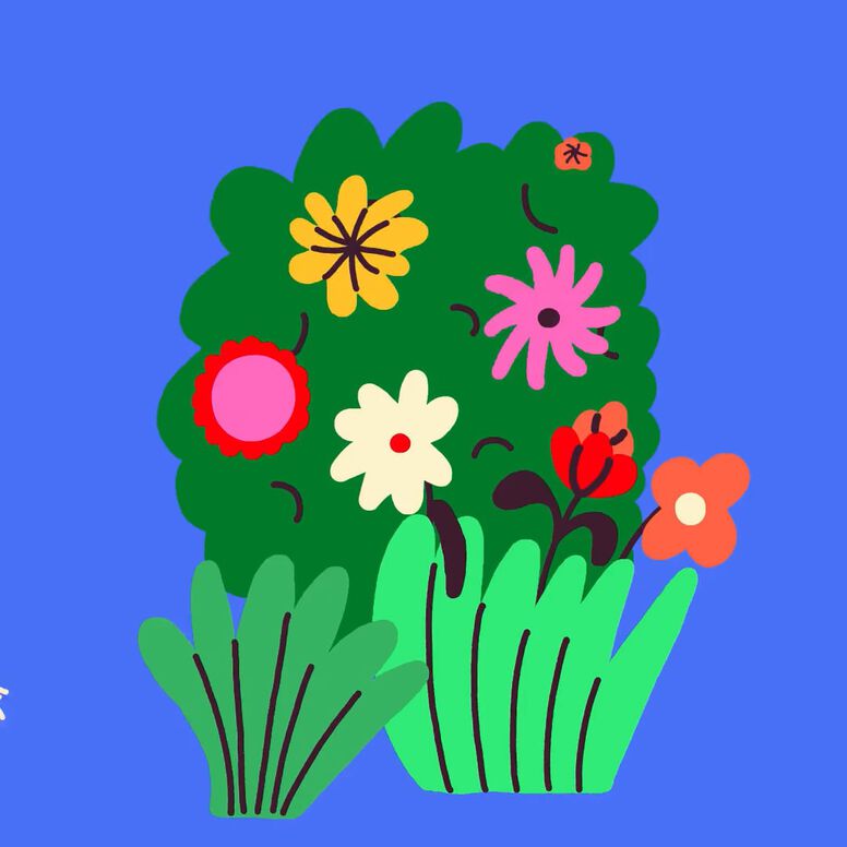 A hand drawn illustration of green bushes and colorful flowers against a blue background.