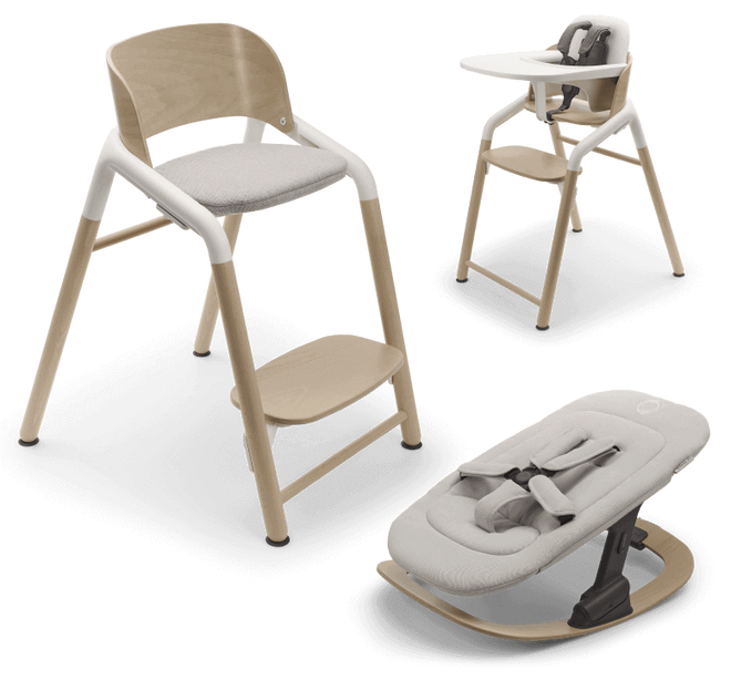 Différentes solutions d'assise s'offrent à vous avec la Bugaboo Giraffe : chaise à bascule, chaise haute ou chaise d'enfant.