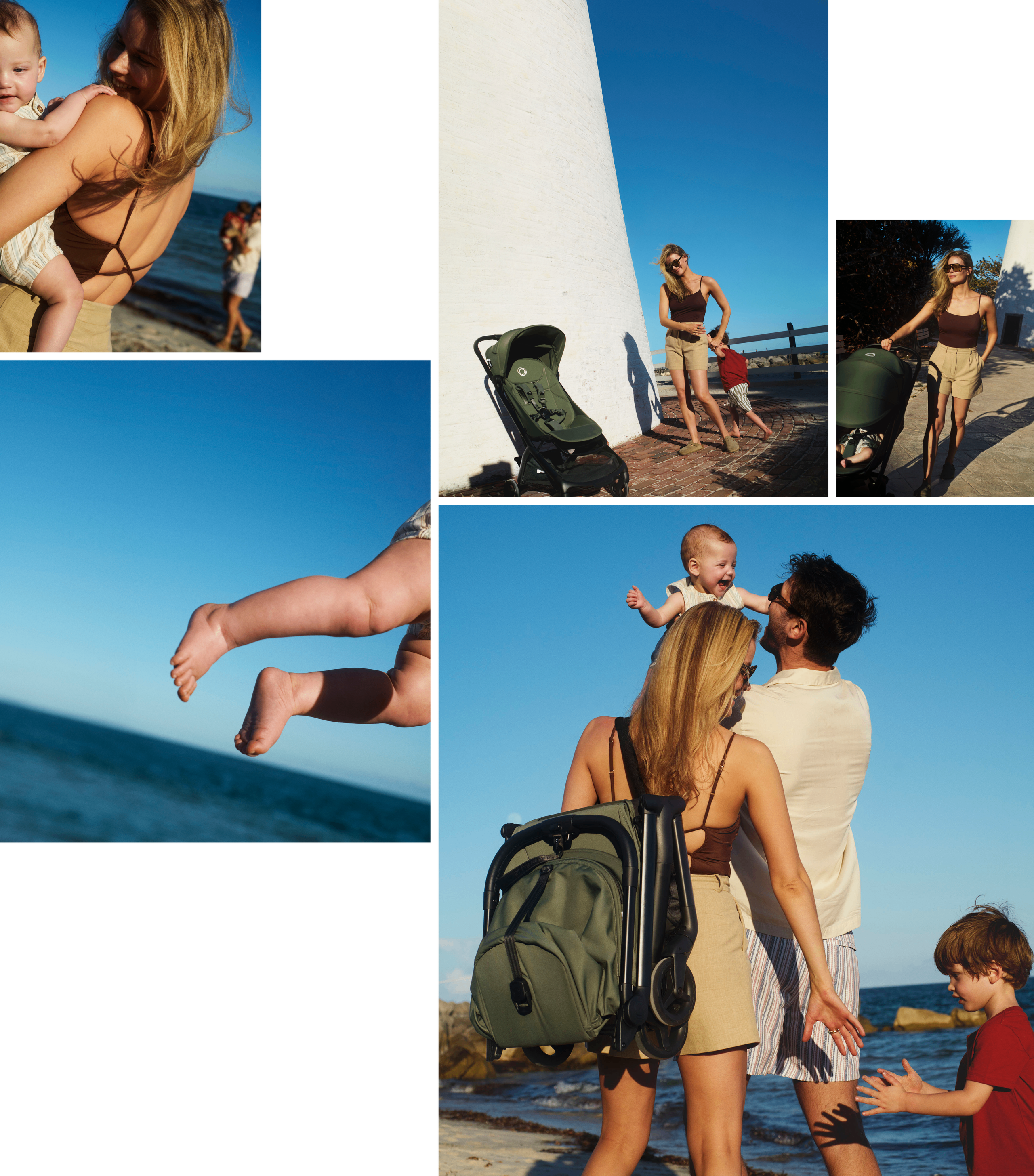 Collage de cinq photos illustrant une agréable journée à la mer en famille : une maman, un papa et leurs deux enfants. La poussette de voyage Bugaboo Butterfly 2 les accompagne partout, aussi bien pour transporter confortablement un enfant ou repliée sur l'épaule de maman.