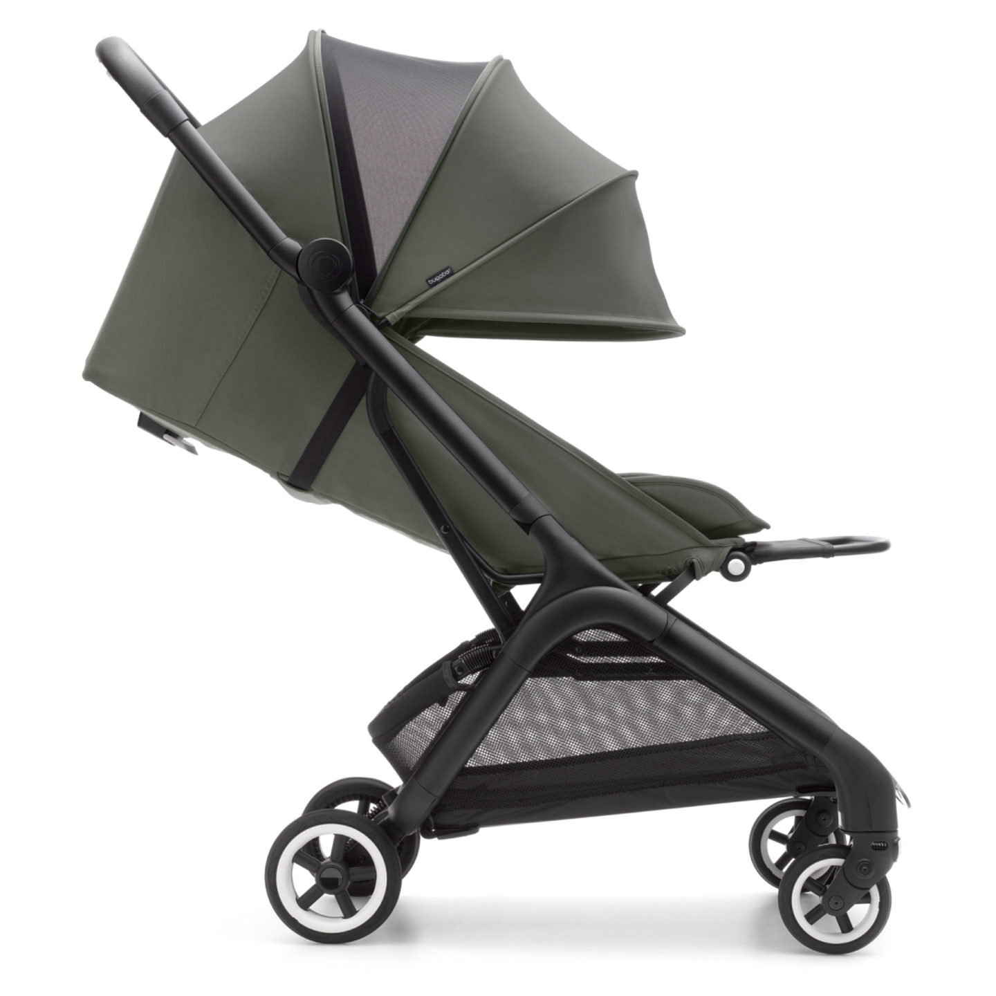 Sideway view of a Bugaboo Butterfly compact travel pram with a Forest Green canopy fully extended.