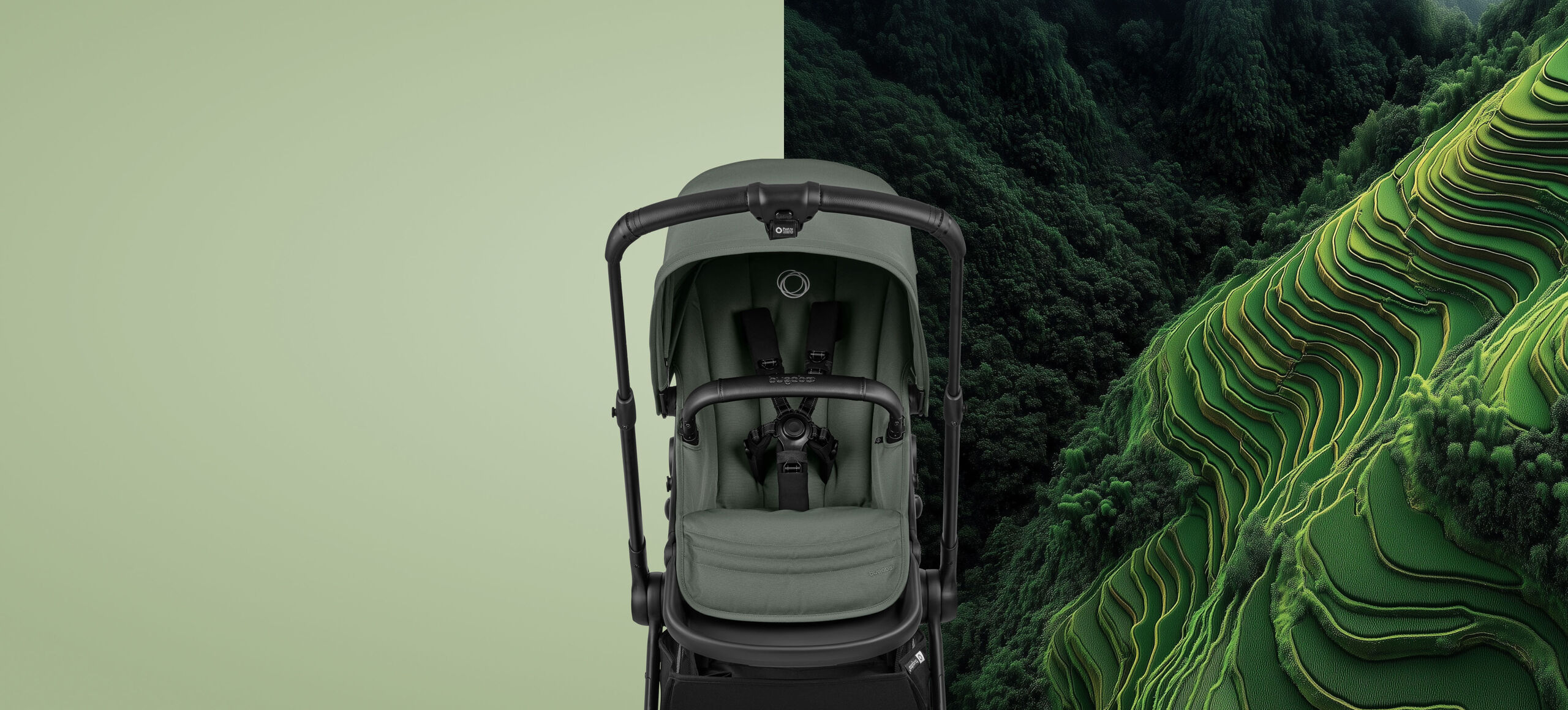 In the middle, top view of a Bugaboo Kangaroo bassinet stroller in Forest Green fabrics. On the left, a CGI image depicts terraced fields on a mountain, with layered levels that look like a giant staircase.