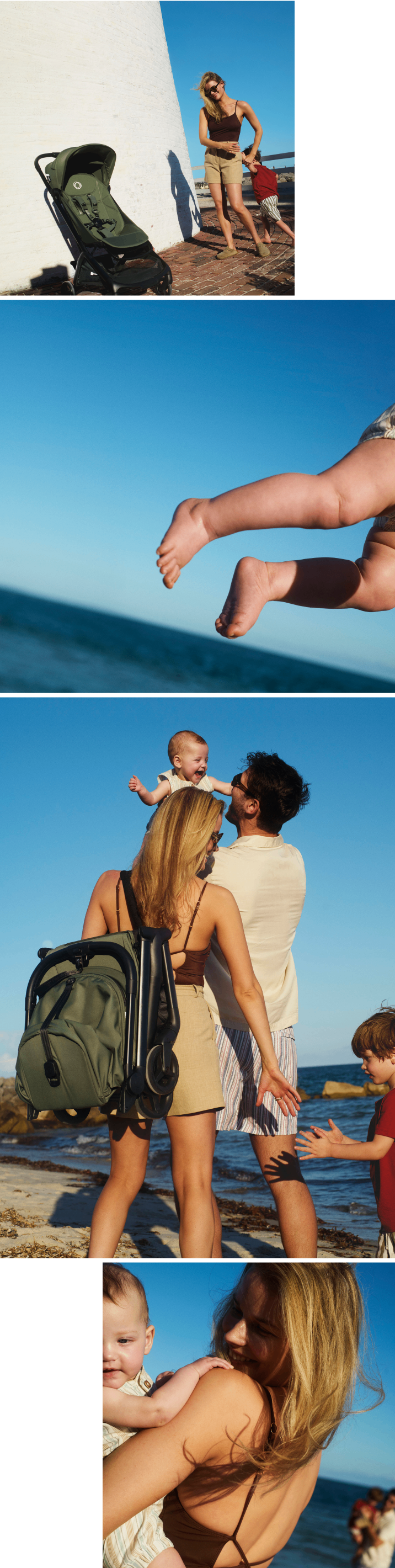 Collage de cinq photos illustrant une agréable journée à la mer en famille : une maman, un papa et leurs deux enfants. La poussette de voyage Bugaboo Butterfly 2 les accompagne partout, aussi bien pour transporter confortablement un enfant ou repliée sur l'épaule de maman.