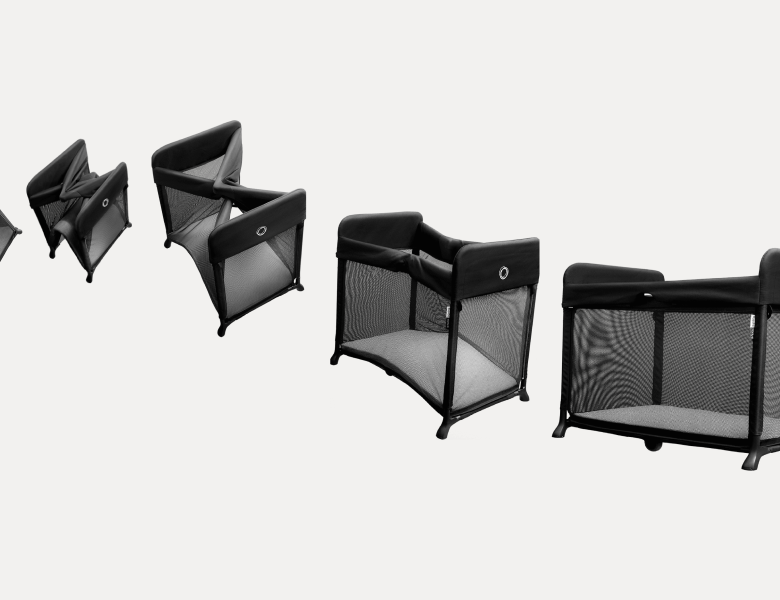A sequence of images capturing the Bugaboo Stardust travel cot effortlessly unfolding in the air.