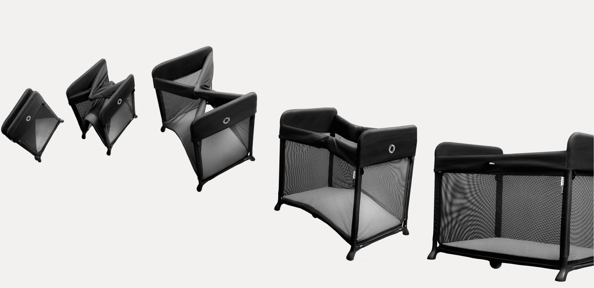 A sequence of images capturing the Bugaboo Stardust travel cot effortlessly unfolding in the air.