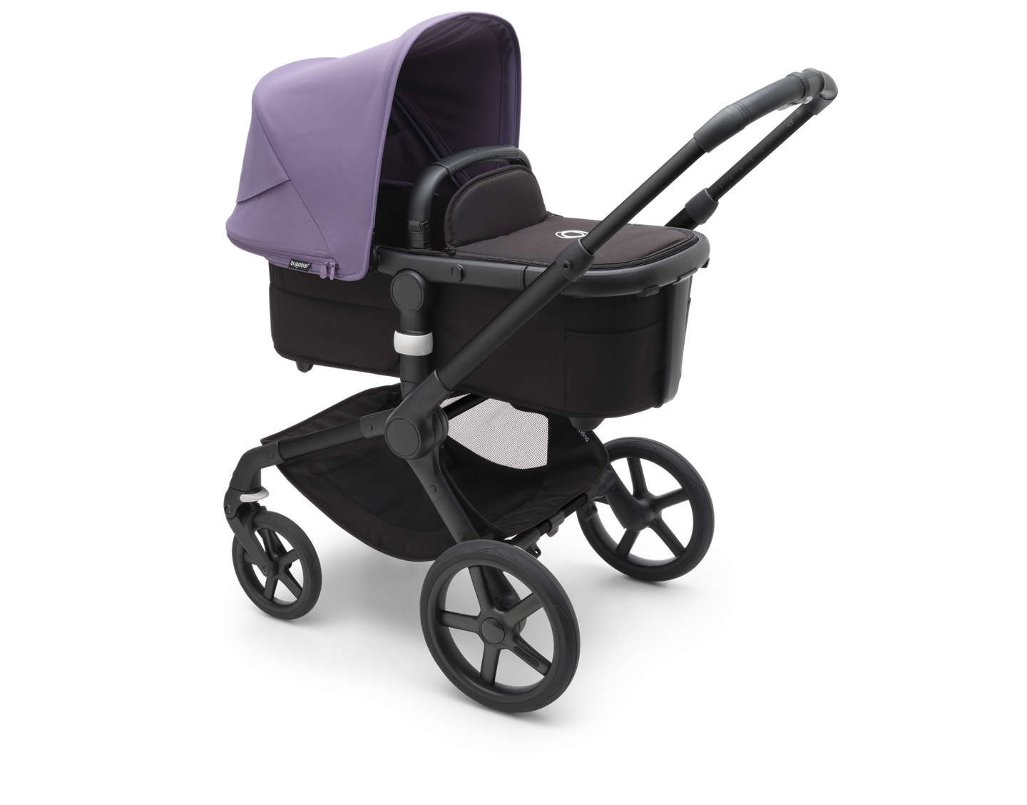 A Bugaboo Fox 5 all-terrain newborn stroller with Astro Purple sun canopy.