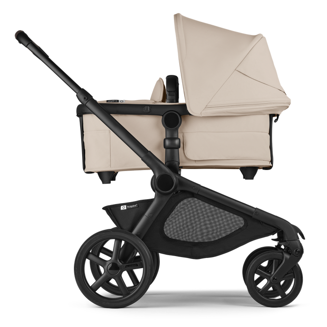 A Bugaboo Kangaroo single-to-double stroller in Desert Taupe fabrics, with a bassinet.