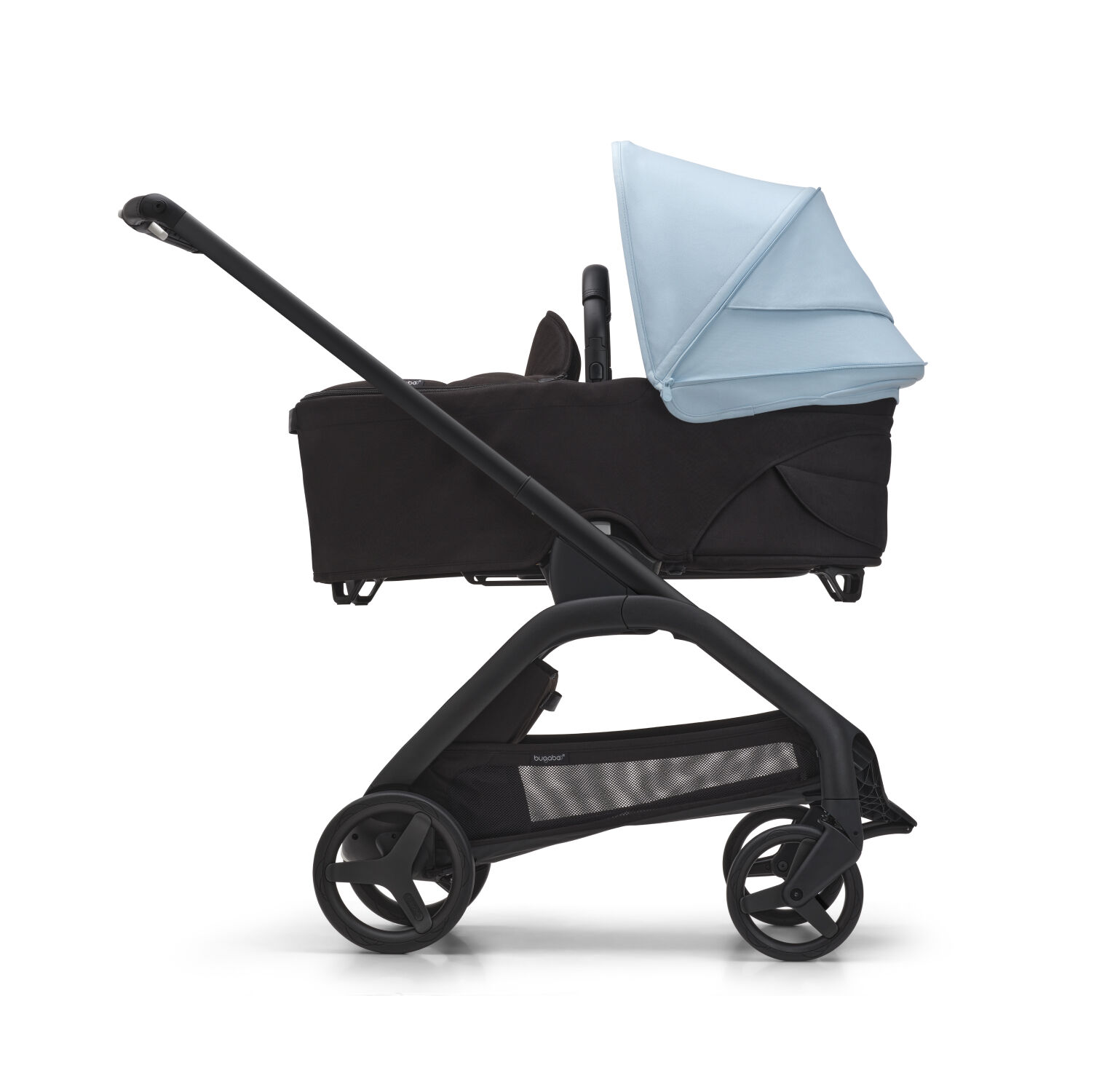 Bugaboo Dragonfly stroller with bassinet and Skyline blue sun canopy.