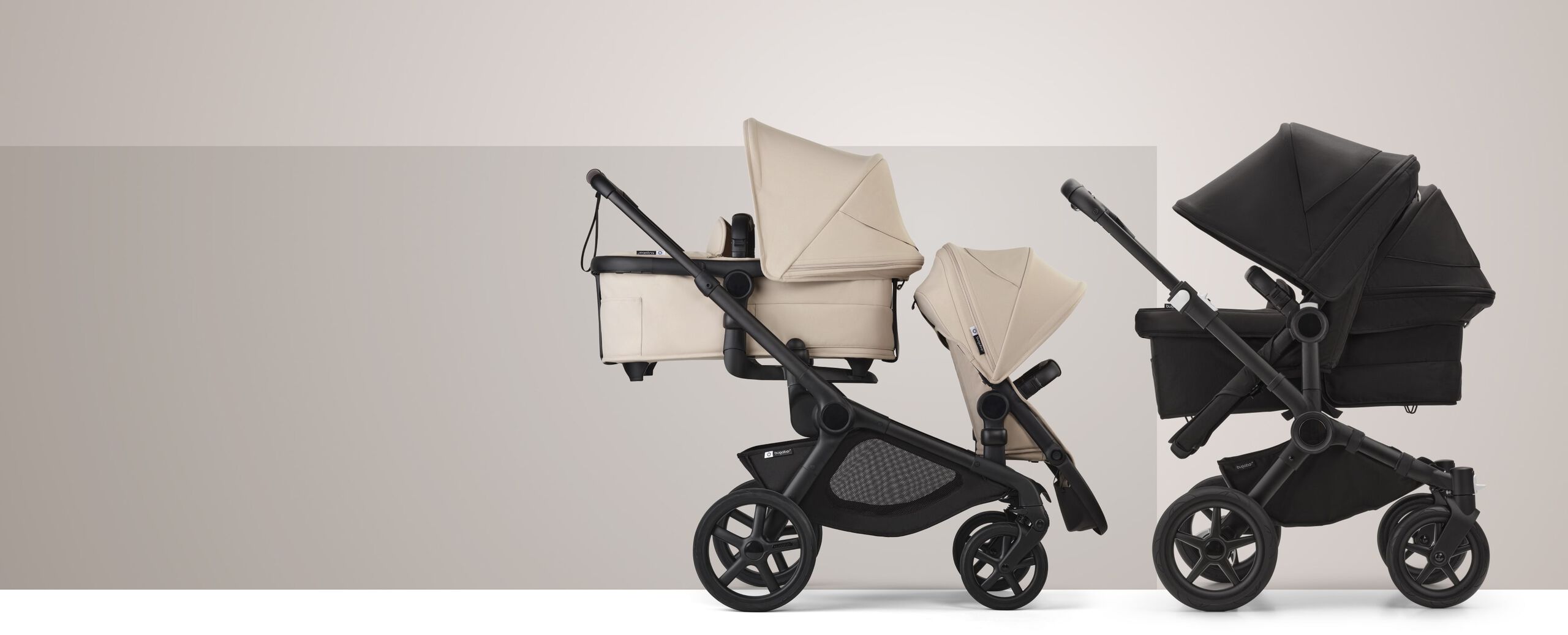 A Bugaboo Donkey 5 Duo pram with a seat and a bassinet. The sun canopy is in Misty White. The background is blue with streaks of white.