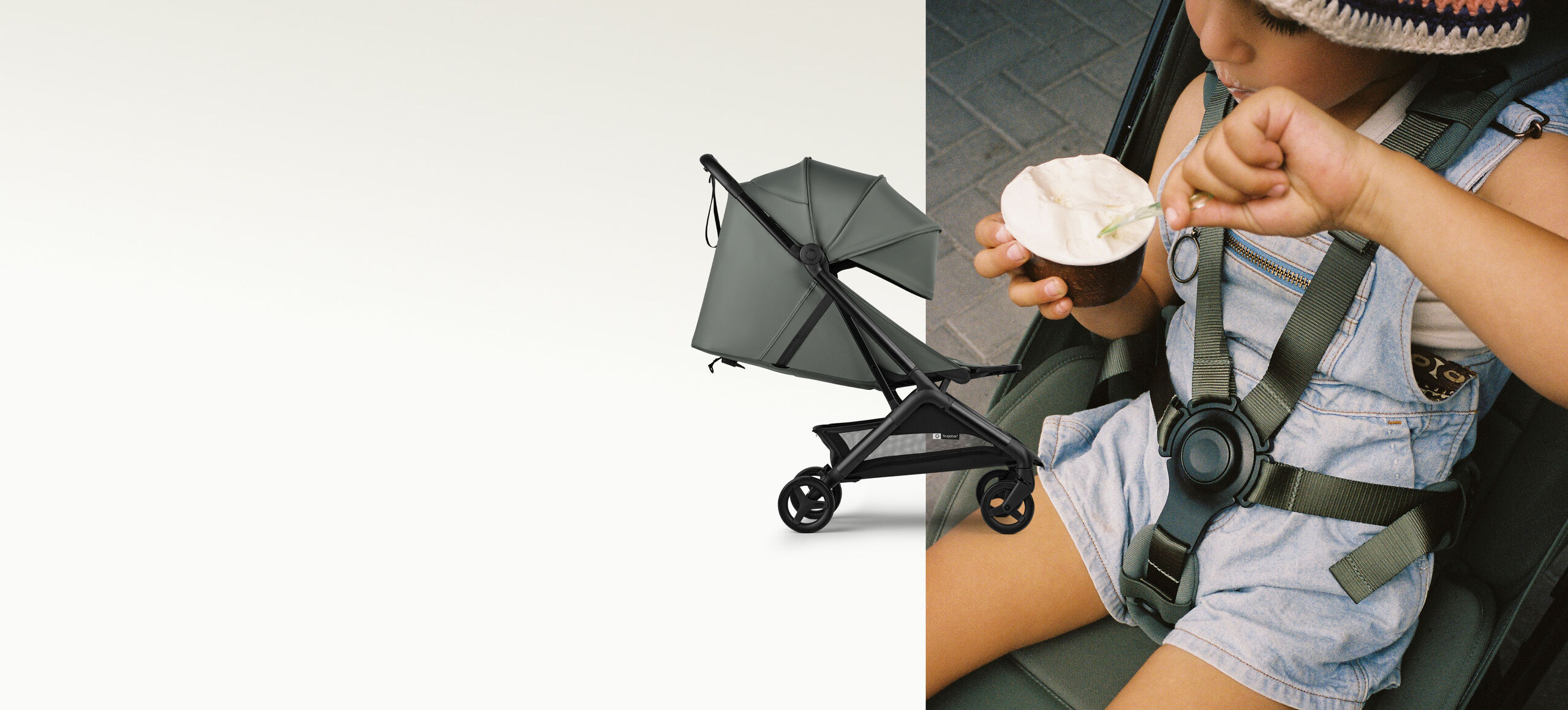 Two images, one overlapping the other. Behind: Mum, dad, and their baby against a sky blue background. Dad lifts their baby into the air. On top: A Bugaboo Butterfly 2 travel pushchair in green fabrics.