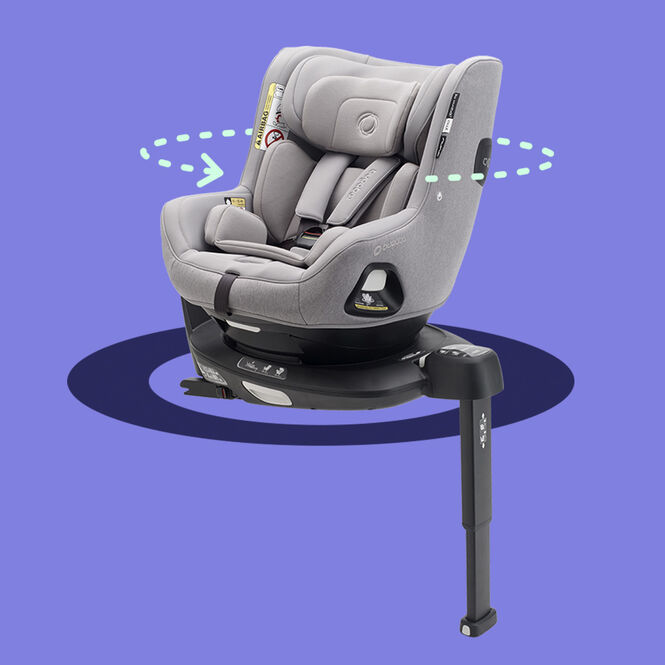 Bugaboo Owl by Nuna car seat on the 360 ISOFIX Base with graphics showing 360-degree rotation.