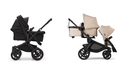 Two strollers in comparison: On the left is the Bugaboo Donkey 5 in black fabrics. On the right is the Bugaboo Kangaroo in Desert Taupe fabrics.