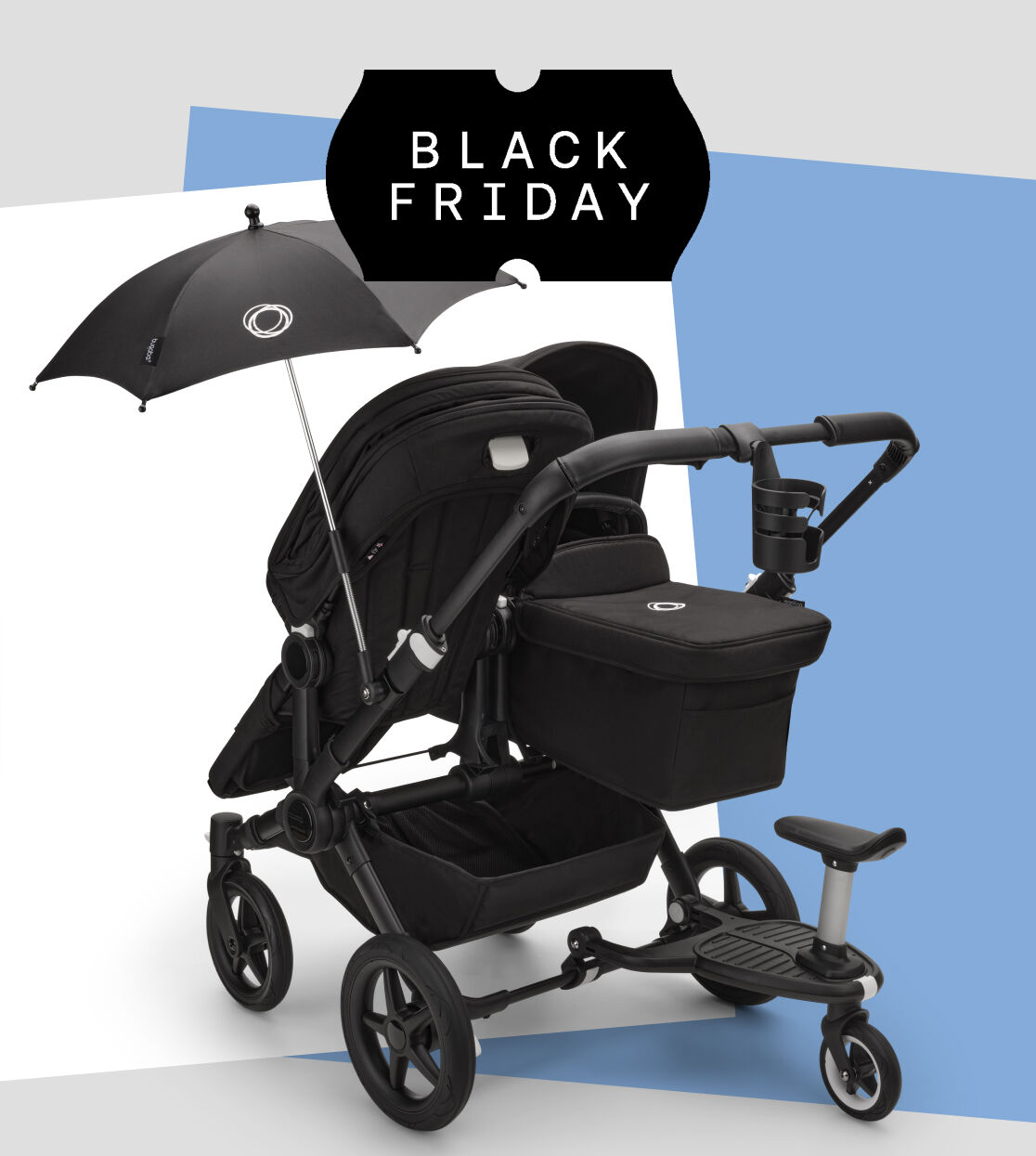 A graphic image with a white square and a yellow square. In the middle is a black tag with the words “Black Friday” in white.