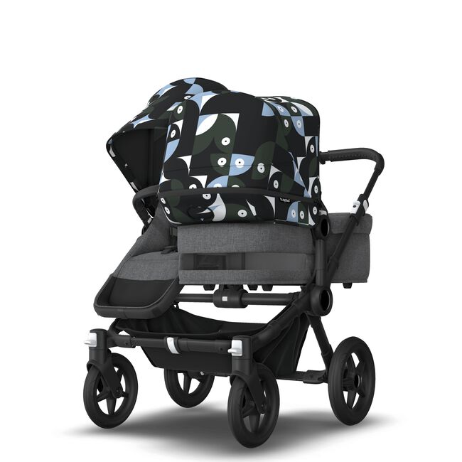 Bugaboo Donkey 5 Duo bassinet and seat stroller black base, grey mélange fabrics, animal explorer green/ light blue sun canopy