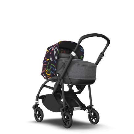 Bugaboo Bee 6 bassinet and seat stroller black base, grey fabrics, art of discovery dark blue sun canopy - view 1