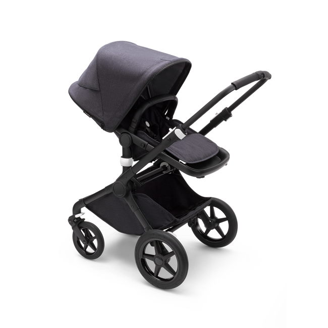 Bugaboo Fox 3 seat stroller with black frame, mineral black fabrics, and mineral black sun canopy.