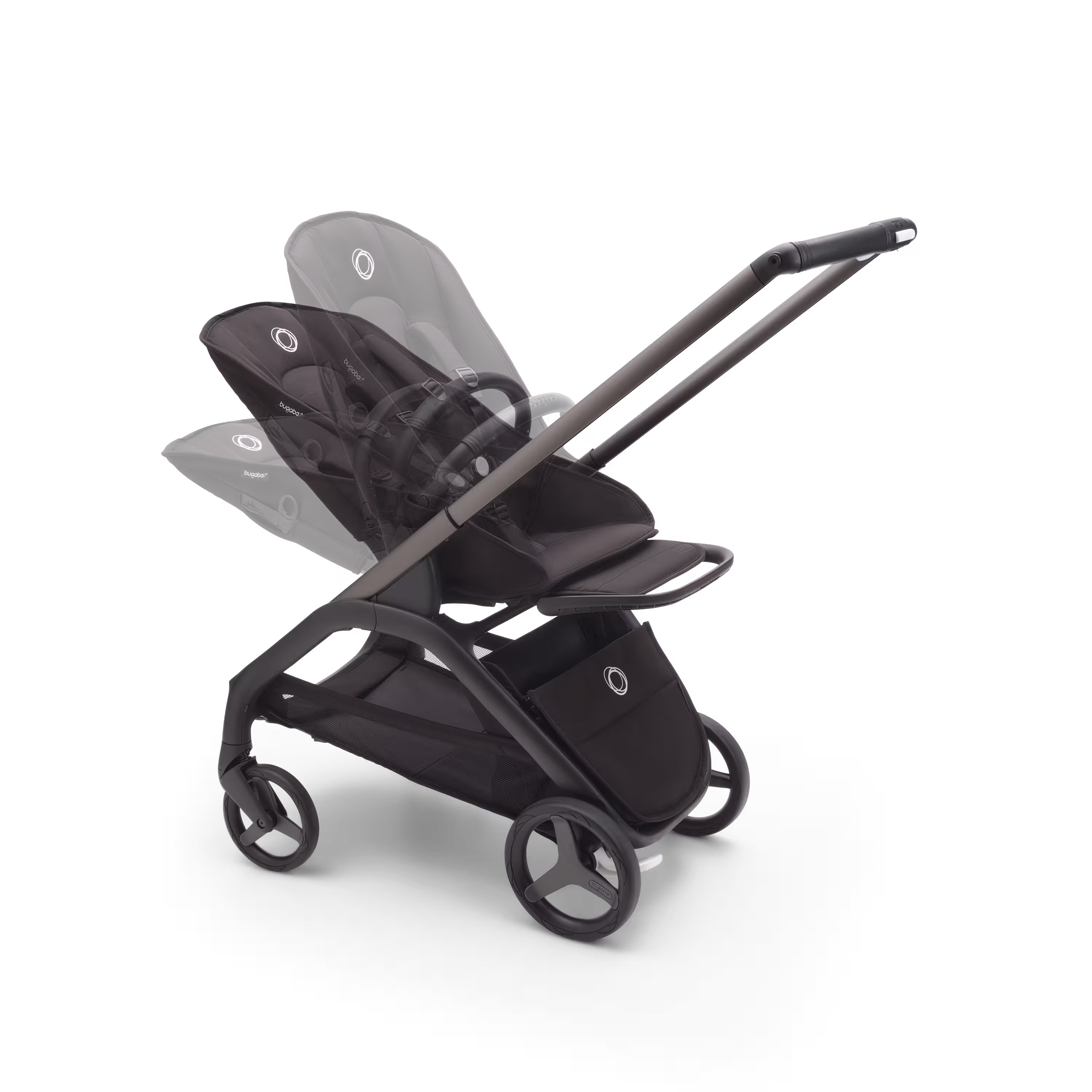 Refurbished Bugaboo Dragonfly bassinet and seat stroller graphite base, grey melange fabrics, forest green sun canopy - Main Modal Image Slide 6 of 11