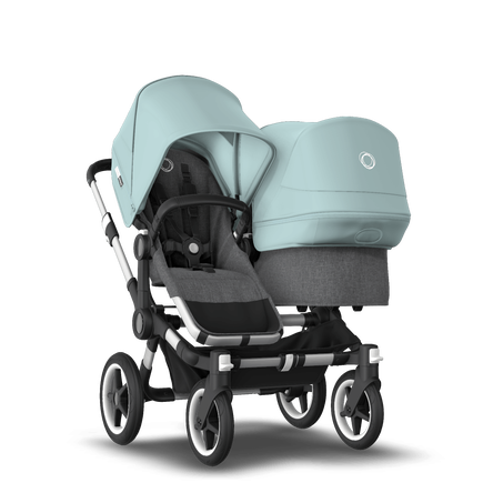Bugaboo Donkey 3 Duo seat and bassinet stroller vapor blue sun canopy, grey melange fabrics, aluminium base