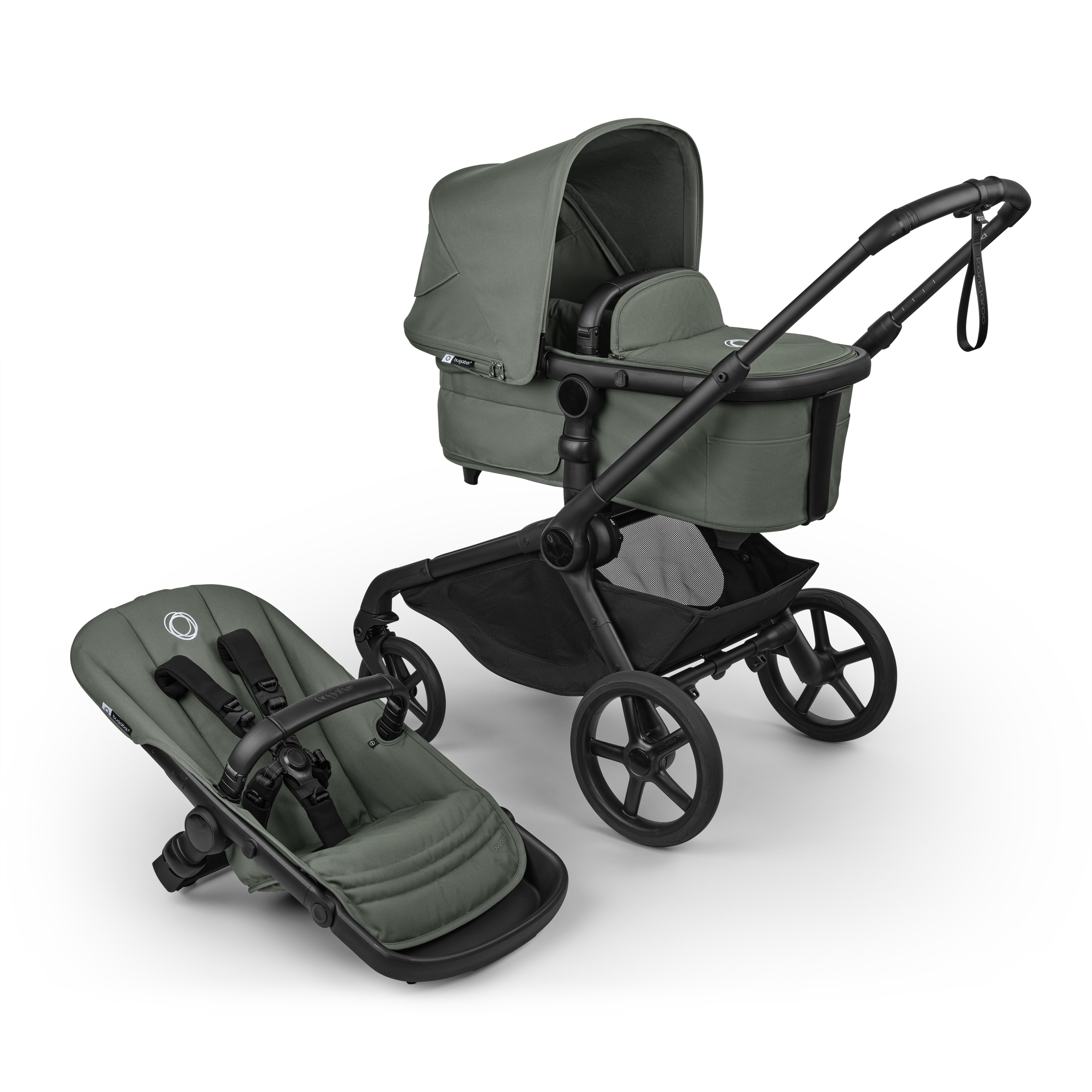 Bugaboo Kangaroo 2-in-1 stroller black base, forest green fabrics, forest green sun canopy - Thumbnail Slide 1 of 11