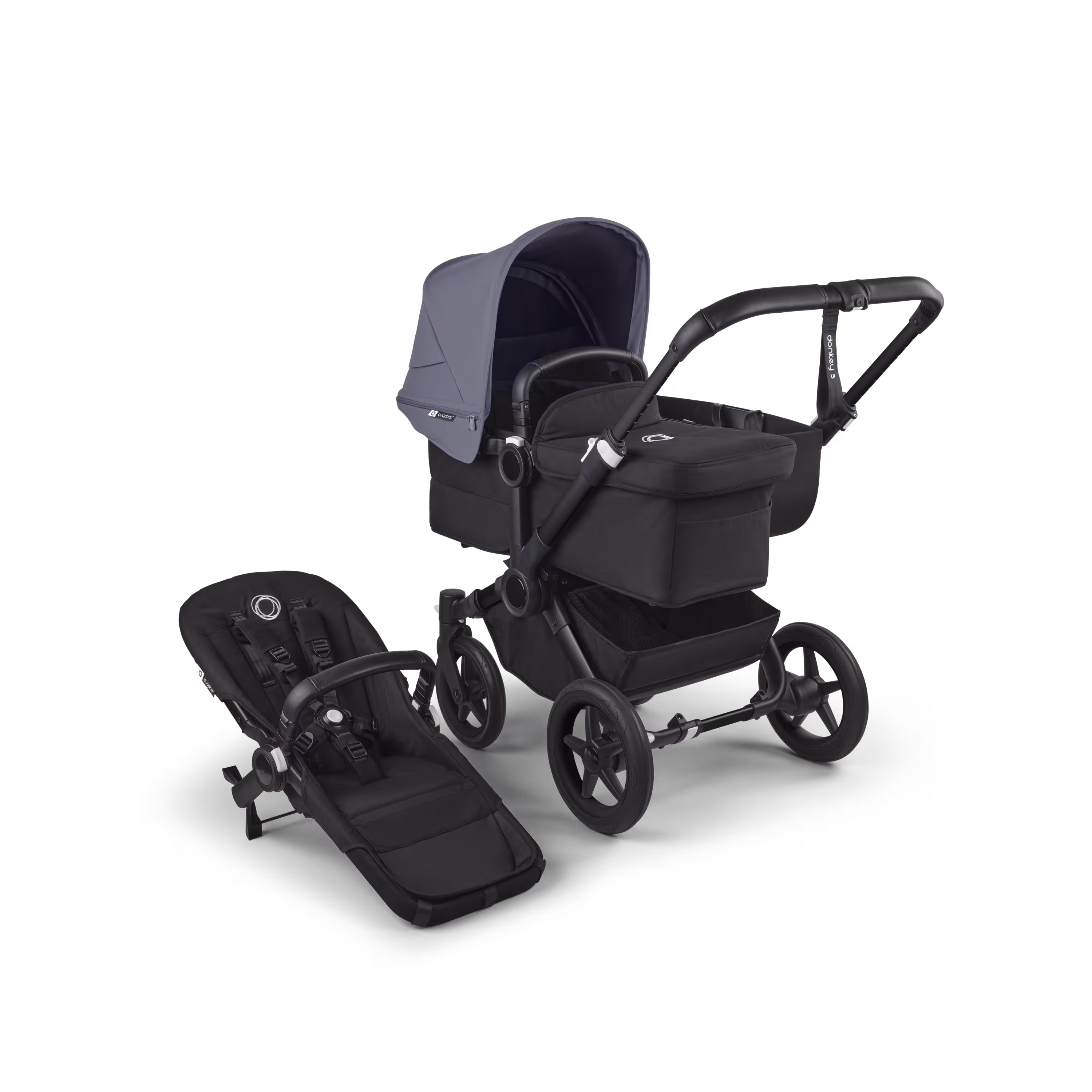 Refurbished Bugaboo Donkey 5 Mono bassinet and seat stroller black base, midnight black fabrics, stormy blue sun canopy - Main Modal Image Slide 1 of 10