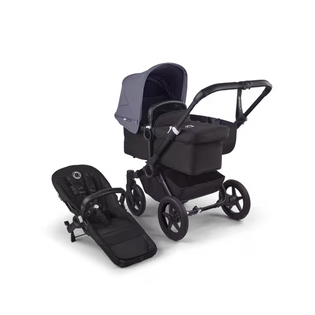 Refurbished Bugaboo Donkey 5 Mono bassinet and seat stroller black base, midnight black fabrics, stormy blue sun canopy - Main Image Slide 1 of 10